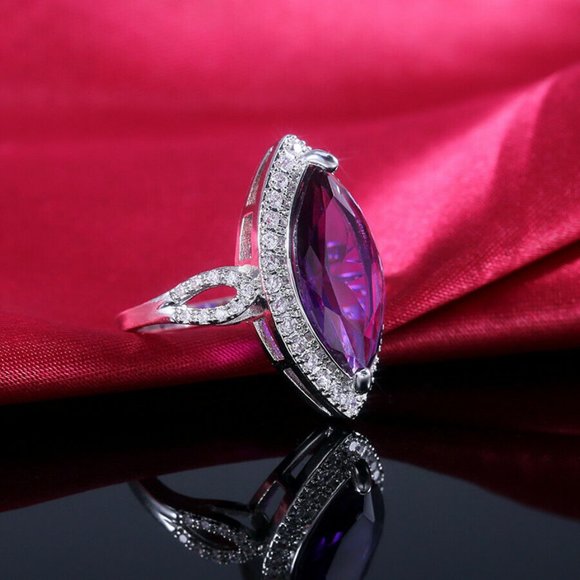 Luxury s925 Silver Marquise Cut Amethyst Ring - Picture 7 of 7
